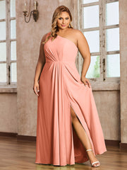 One Shoulder Long Chiffon Dresses with Slit Papaya