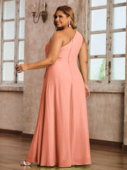 One Shoulder Long Chiffon Dresses with Slit Papaya