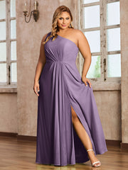 One Shoulder Long Chiffon Dresses with Slit Plum