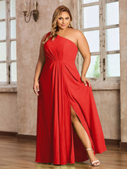 One Shoulder Long Chiffon Dresses with Slit Red
