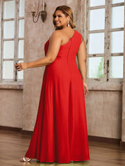 One Shoulder Long Chiffon Dresses with Slit Red