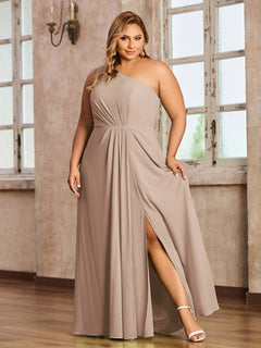 One Shoulder Long Chiffon Dresses with Slit Taupe