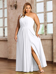 One Shoulder Long Chiffon Dresses with Slit White