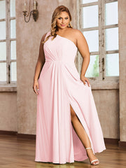 One Shoulder Long Chiffon Dresses with Slit Blushing Pink