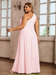 One Shoulder Long Chiffon Dresses with Slit Blushing Pink