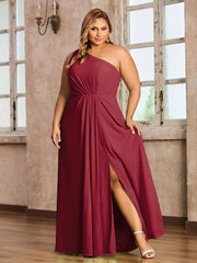 One Shoulder Long Chiffon Dresses with Slit Burgundy