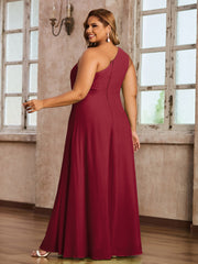 One Shoulder Long Chiffon Dresses with Slit Burgundy