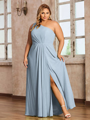 One Shoulder Long Chiffon Dresses with Slit Dusty Blue