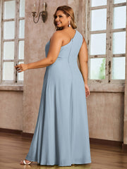 One Shoulder Long Chiffon Dresses with Slit Dusty Blue