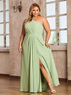 One Shoulder Long Chiffon Dresses with Slit Dusty Sage