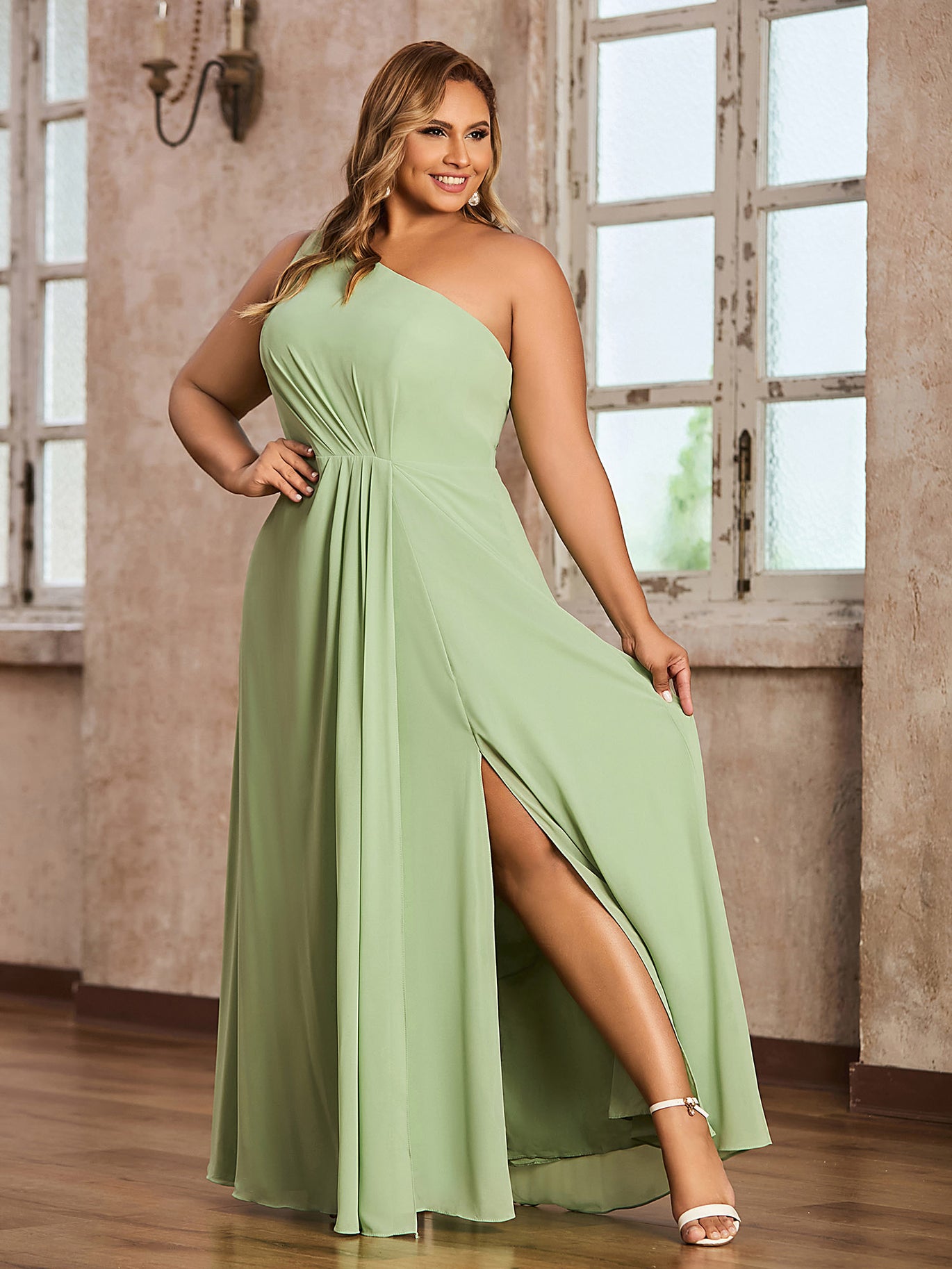 chinese dress ladies BABARONI Chiffon Dusty Sage Bridesmaid Dresses A-line One Shoulder  Sleeveless Floor-length With Slit – BABARONI UK