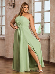 One Shoulder Long Chiffon Dresses with Slit Dusty Sage