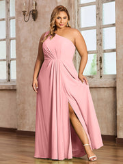 One Shoulder Long Chiffon Dresses with Slit Flamingo