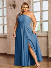 One Shoulder Long Chiffon Dresses with Slit Ink Blue