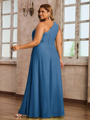 One Shoulder Long Chiffon Dresses with Slit Ink Blue