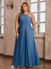 One Shoulder Long Chiffon Dresses with Slit Ink Blue