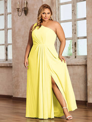One Shoulder Long Chiffon Dresses with Slit Lemon