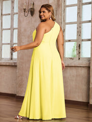 One Shoulder Long Chiffon Dresses with Slit Lemon