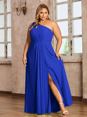 One Shoulder Long Chiffon Dresses with Slit Royal Blue