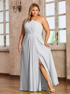 One Shoulder Long Chiffon Dresses with Slit Silver