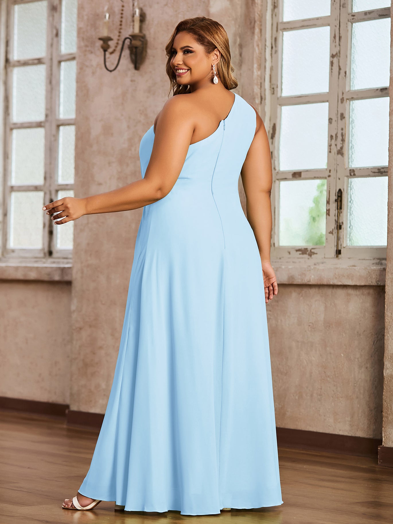 BABARONI Chiffon Sky Blue Bridesmaid Dresses A-line One Shoulder Sleeveless Floor-length With Slit BABARONI UK BABARONI Chiffon Sky Blue Bridesmaid Dresses A-line One Shoulder Sleeveless Floor-length With Slit BABARONI UK