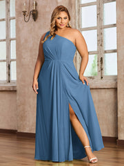 One Shoulder Long Chiffon Dresses with Slit Slate Blue