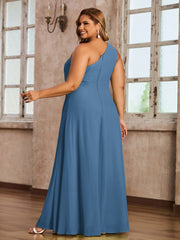 One Shoulder Long Chiffon Dresses with Slit Slate Blue