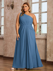 One Shoulder Long Chiffon Dresses with Slit Slate Blue
