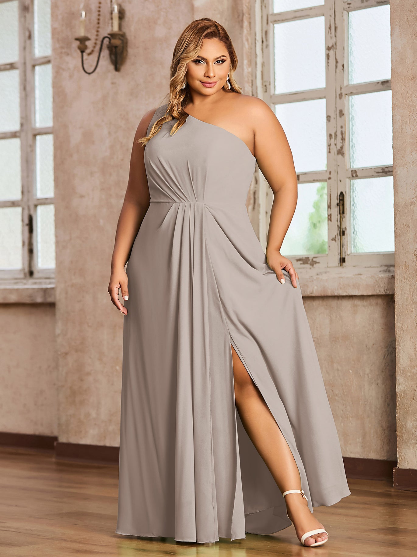 BABARONI Chiffon Taupe Bridesmaid Dresses A-line One Shoulder Sleeveless Floor-length With Slit BABARONI UK BABARONI Chiffon Taupe Bridesmaid Dresses A-line One Shoulder Sleeveless Floor-length With Slit BABARONI UK
