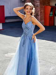Spaghetti Straps V-neck Appliqued Tulle Gown Dusty Blue Plus Size
