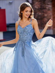Spaghetti Straps V-neck Appliqued Tulle Gown Dusty Blue Plus Size
