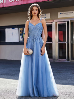 Spaghetti Straps V-neck Appliqued Tulle Gown Dusty Blue