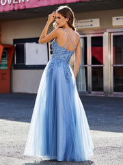Spaghetti Straps V-neck Appliqued Tulle Gown Dusty Blue Plus Size