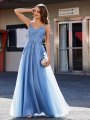 Spaghetti Straps V-neck Appliqued Tulle Gown Dusty Blue