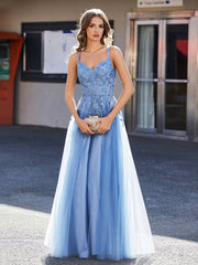 Spaghetti Straps V-neck Appliqued Tulle Gown Dusty Blue Plus Size