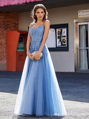 Spaghetti Straps V-neck Appliqued Tulle Gown Dusty Blue Plus Size