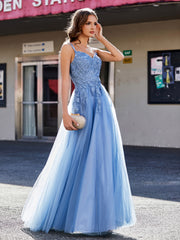 Spaghetti Straps V-neck Appliqued Tulle Gown Dusty Blue Plus Size