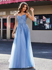 Spaghetti Straps V-neck Appliqued Tulle Gown Dusty Blue