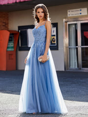 Spaghetti Straps V-neck Appliqued Tulle Gown Dusty Blue