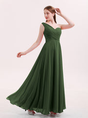 One Shoulder Chiffon Gown with Pleated Top Olive Green