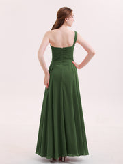 One Shoulder Chiffon Gown with Pleated Top Olive Green