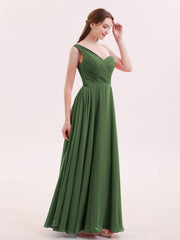 One Shoulder Chiffon Gown with Pleated Top Olive Green