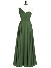 One Shoulder Chiffon Gown with Pleated Top Olive Green