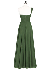 One Shoulder Chiffon Gown with Pleated Top Olive Green