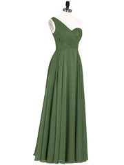 One Shoulder Chiffon Gown with Pleated Top Olive Green
