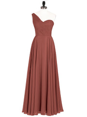 One Shoulder Chiffon Gown with Pleated Top Terracotta