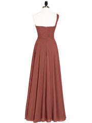 One Shoulder Chiffon Gown with Pleated Top Terracotta