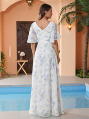 Lavender Floral Flutter Sleeves Long Chiffon Dresses with Sash Bow