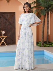 Lavender Floral Flutter Sleeves Long Chiffon Dresses with Sash Bow