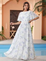 Lavender Floral Flutter Sleeves Long Chiffon Dresses with Sash Bow